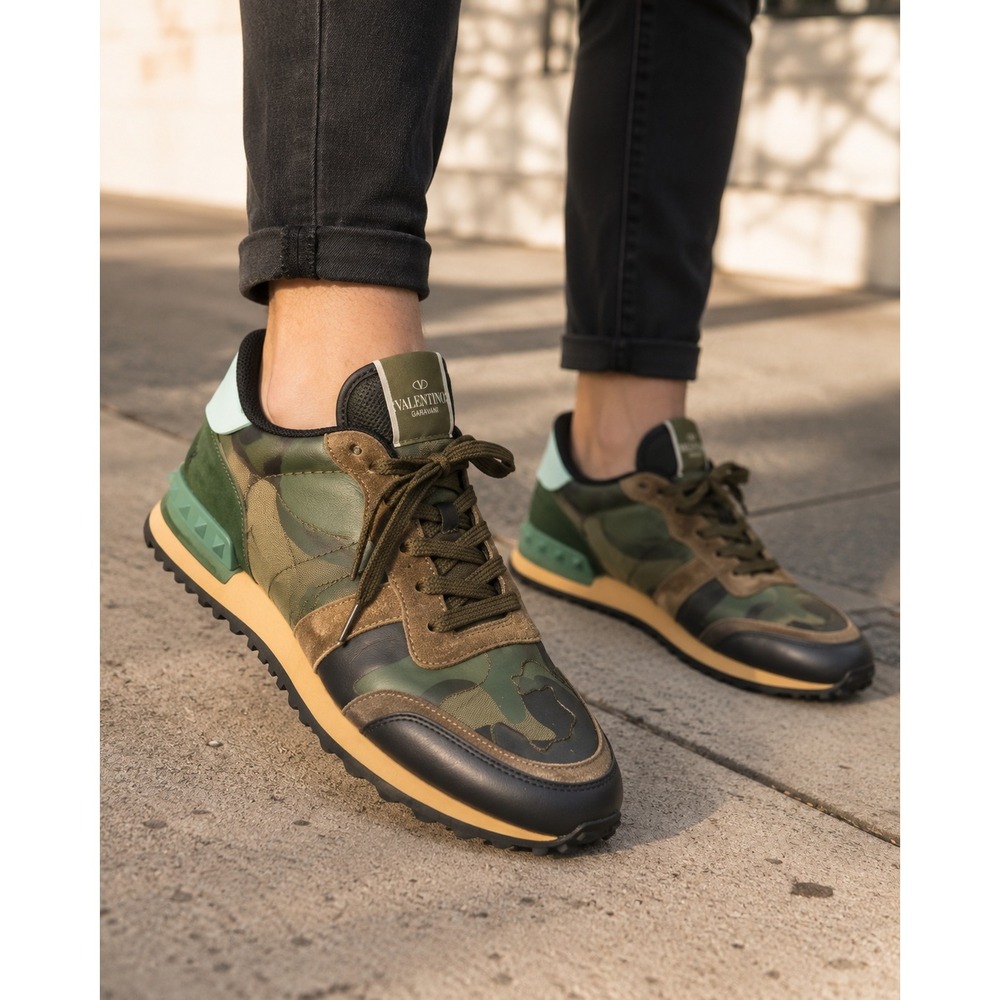 Valentino Garavani Rockrunner Camouflage Rockstud Mens Green Suede Leather size
